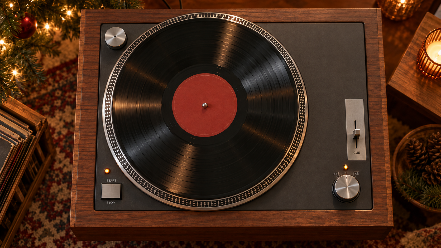 Teak record player in warm Christmas light