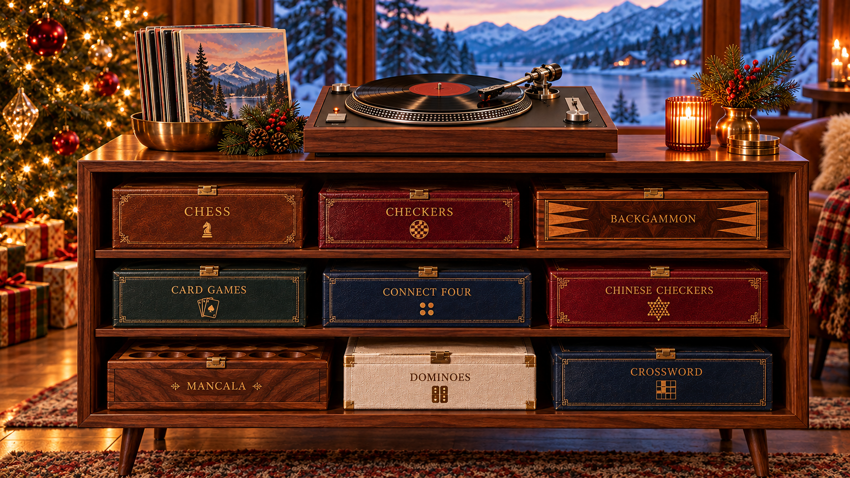 Walnut console with the vintage record player above leather-bound games