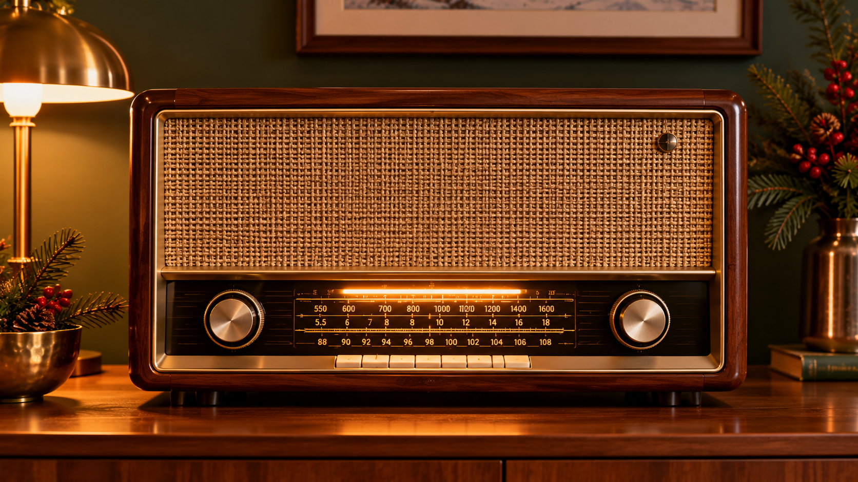 Walnut valve radio with woven speaker cloth, an amber tuning scale and two silver knobs