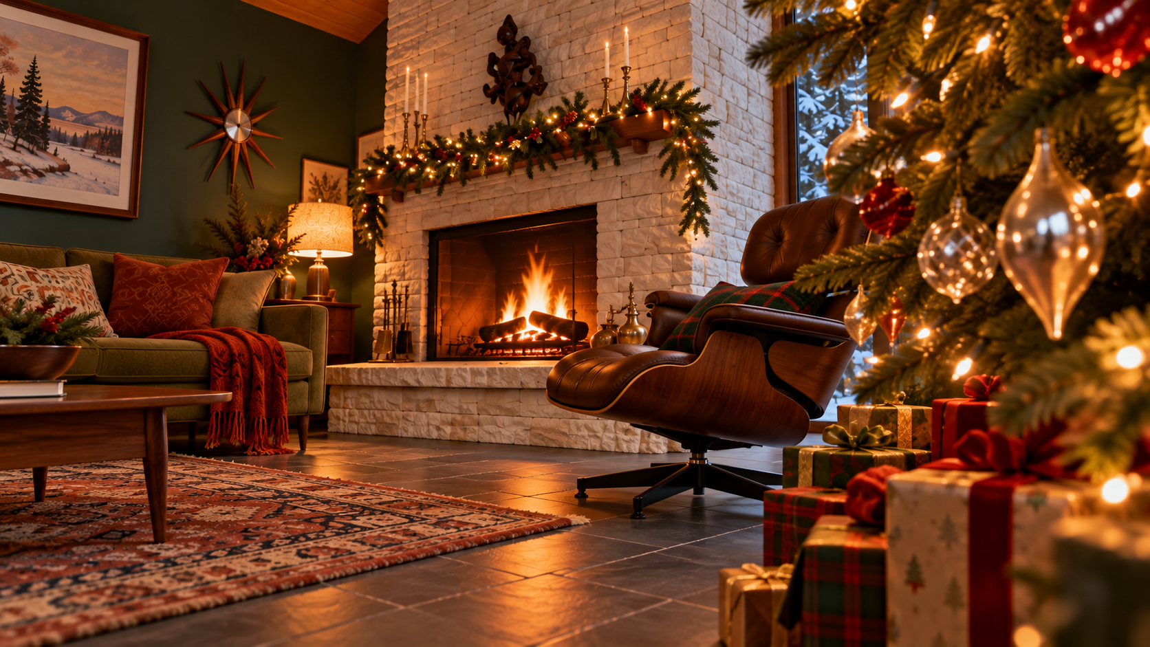 View from beside the Christmas tree toward the fireplace, with glowing ornaments overhead